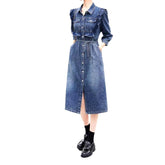 Vestido vaquero largo con volantes en el pecho